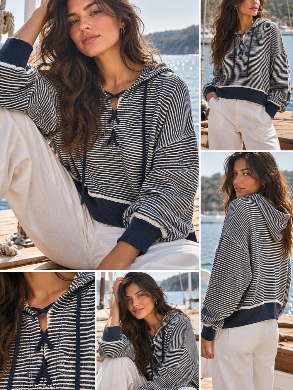 American Eagle | “Big Hug” Lace-Up Hoodie | Small | Striped | Navy & Cream ⚓️